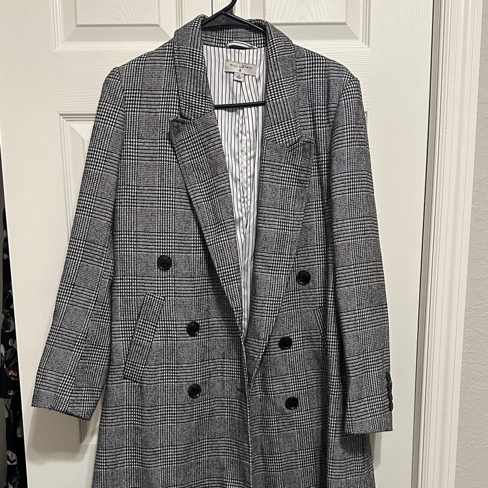 Nili Lotan Black and Gray Plaid Trench Coat